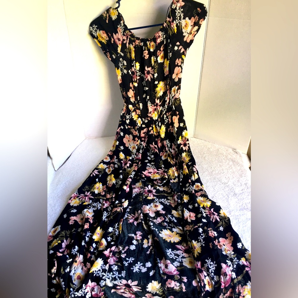 Francesca's Blue Rain Romper Small Black Floral Short Sleeve Overlay Dress